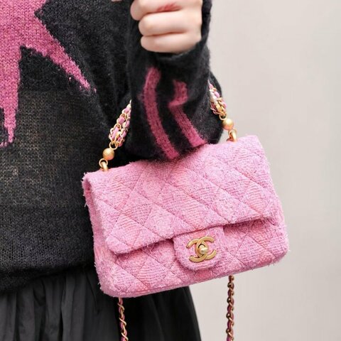 Chanel 珍珠粉金毛呢CF方胖子 芯片款 金扣 珍珠鏈條 小號 18*13*6 99新配件塵袋