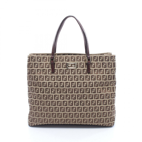 FENDI Zucchino 手提包 8BH133 帆布皮革 米色棕色 二手 女士