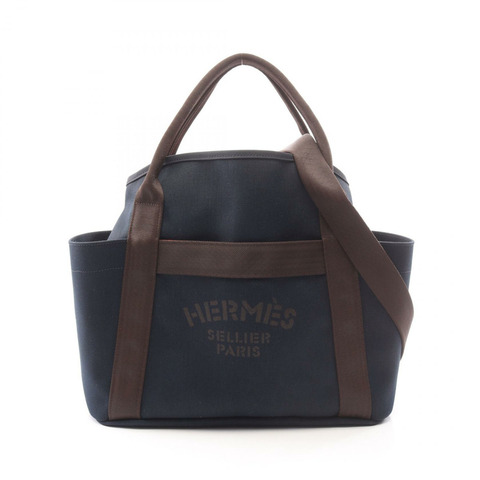 HERMES Sac de Pansage 手提包單肩手提包 D 印花布軍事 V 形 SHW 海軍藍