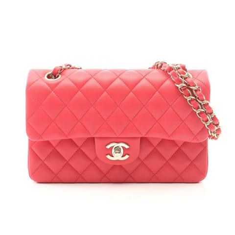 香奈兒 (CHANEL) 絎縫雙蓋鏈條肩背包，羊皮材質，粉紅色，金色五金，二手