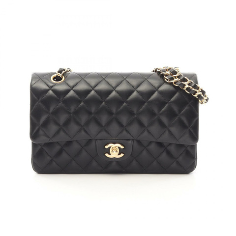 香奈兒 (CHANEL) Matelasse 雙蓋鏈條肩背包 A01112 羊皮黑色金色五金二手