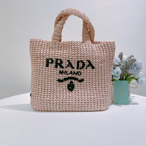 TW4905 Prada 普拉達 拉菲草手提包 小號 粉紅色編織 1BG422 Raffia Small Crochet Tote Bag Light Pink