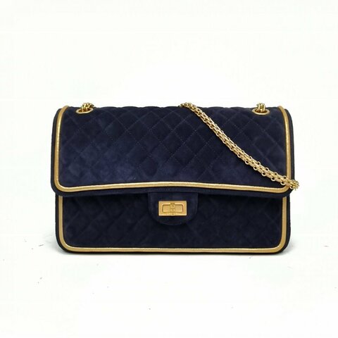 CHANEL 墨藍色麂皮22開金扣2.55口蓋包大號肩背包