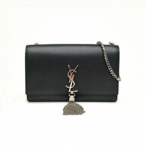 SAINT LAURENT KATE中號24光面流蘇黑色牛皮銀扣肩背包