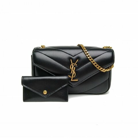 SAINT LAURENT LOULOU迷你V紋鏈條包帶卡包黑色羊皮金扣肩背包