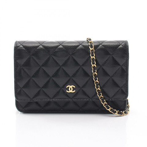 香奈兒 (CHANEL) 絎縫肩背包 AP0250 粒面小牛皮 黑色 二手 金色五金 WOC