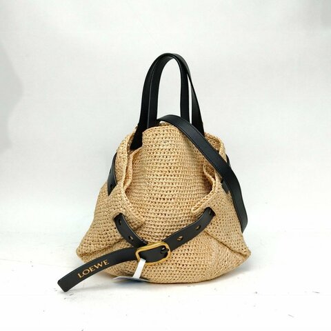 LOEWE 米色草編金扣PunchHoleShopper手提肩背包