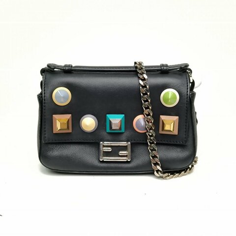 FENDI 黑色牛皮銀扣雙面彩釘鏈條包肩背包