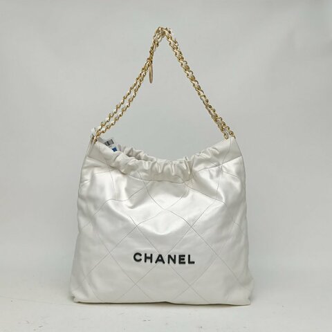 CHANEL 22BagTote托特包中號白色牛皮晶片金扣肩背包