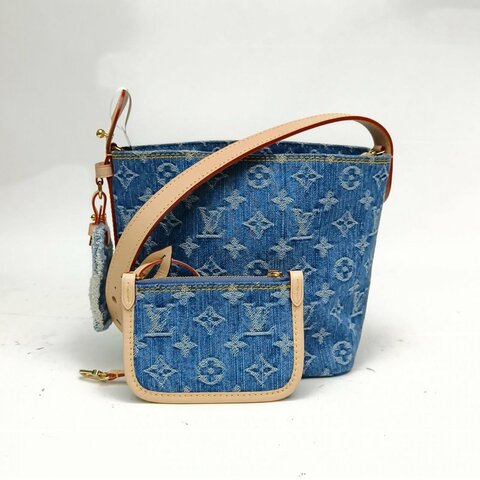 LOUIS VUITTON ALLINBB小號老花印花手袋牛仔藍金扣晶片肩背包