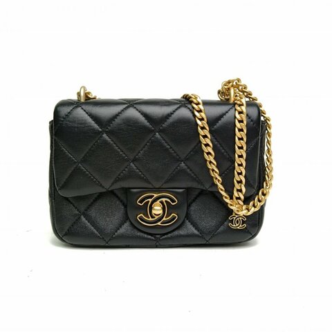 CHANEL 22PCF口蓋包黑色羊皮晶片琺瑯扣雙C肩背包
