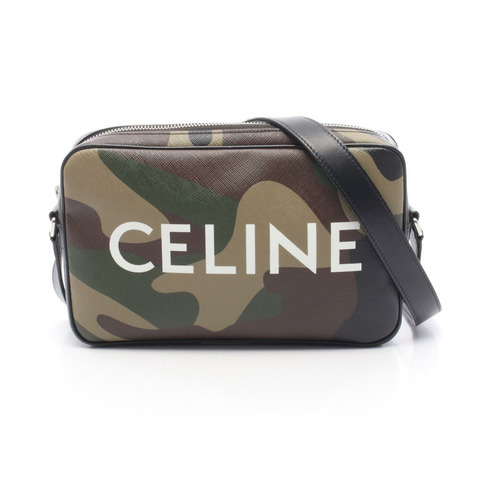 CELINE 中型迷彩斜背包 帆布 皮革 卡其色 黑色 二手