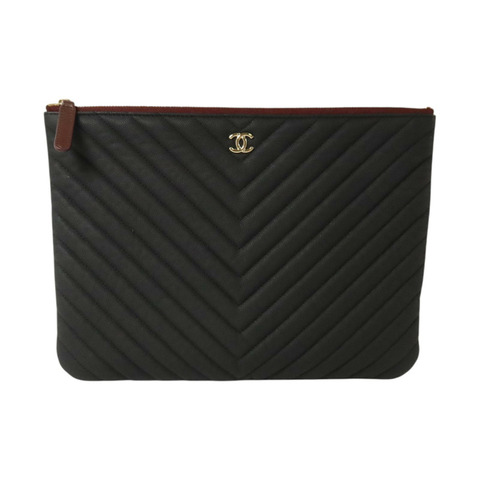 CHANEL 牛皮皮革Chevron O-Case Pouch Medium Clutch金扣手拿包