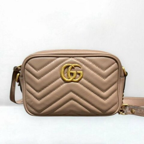 A13262-GUCCI Marmont粉膚牛皮山形復古金釦Mini相機包/448065