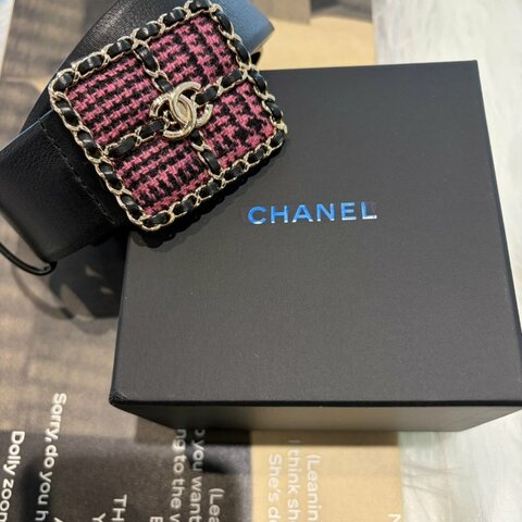 CHANEL 毛呢皮穿鍊皮帶*黑75/30