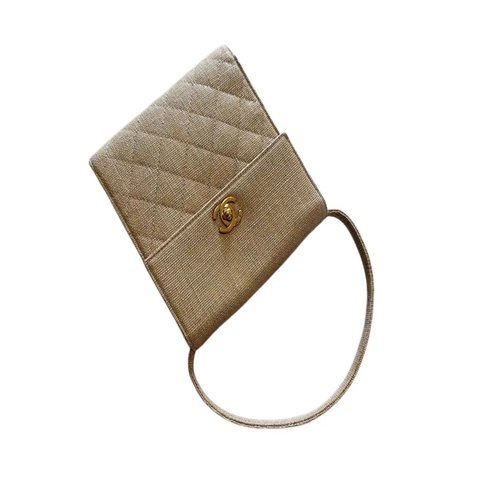 Chanel 米色亞麻菱格紋雙C扣凱莉包