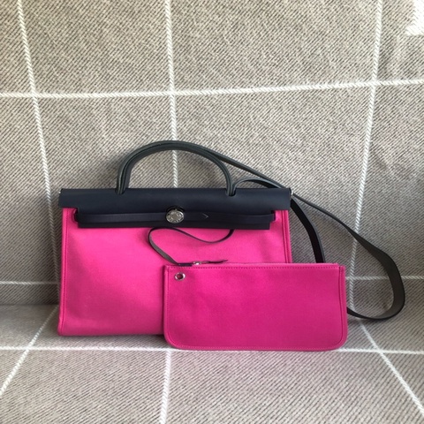 愛馬仕 Hermes herbag31 帆布极致粉拼皮herbag31 x刻 银扣手提单肩包