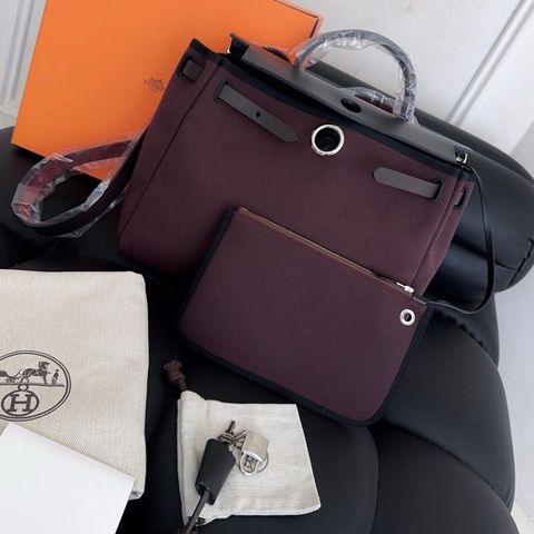 【近新閒置品】愛馬仕 Hermes 新色 紫棕色 老錢風Herbag31 W刻 銀扣內縫全膜手提單肩斜背包