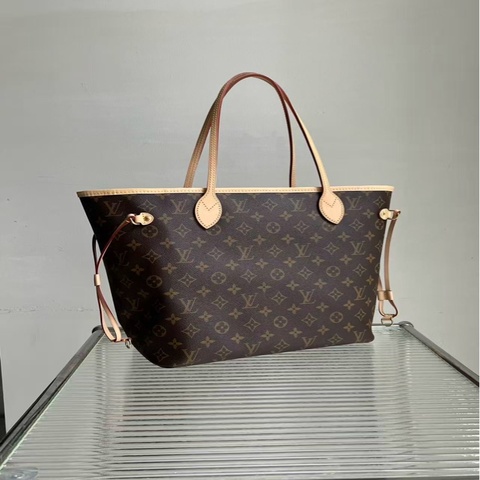 Louis Vuitton/路易威登 neverfull 中型老花 子母包購物袋 紅色內裡， 底長：32cm