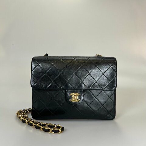 CHANEL VINTAGE方形掀蓋包20CM羊皮黑 1開