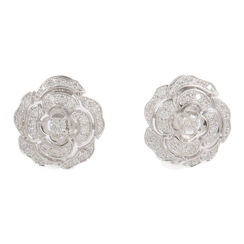CHANEL 18K白金Bouton De Camelia Earrings鑽石耳環