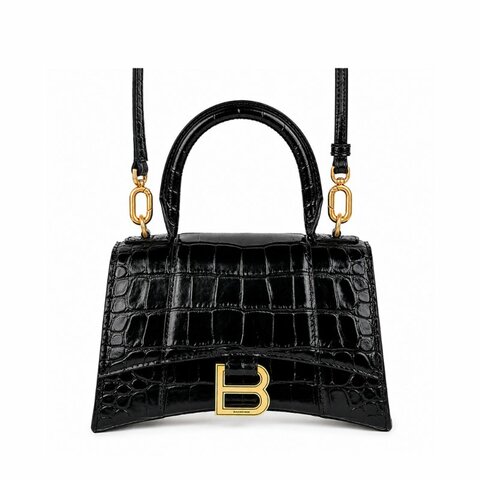 KÉSH 凱仕精品｜BALENCIAGA Hourglass XS 黑色鱷魚壓紋沙漏包｜巴黎世家 B Logo 金釦斜背包｜小牛皮手提包