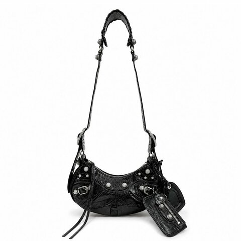 KÉSH 凱仕精品｜BALENCIAGA Le Cagole XS 機車包 黑色肩背包｜巴黎世家 Arena 羊皮水鑽銀釦半月包｜附愛心鏡零錢包