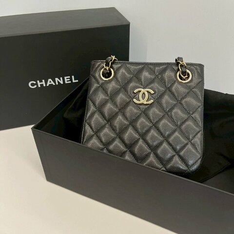 Chanel Mini Tote 黑金荔枝牛  晶片款 99新閒置商品 全配 臺灣購證