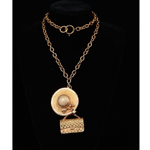 Chanel 素金草帽书包吊坠项链