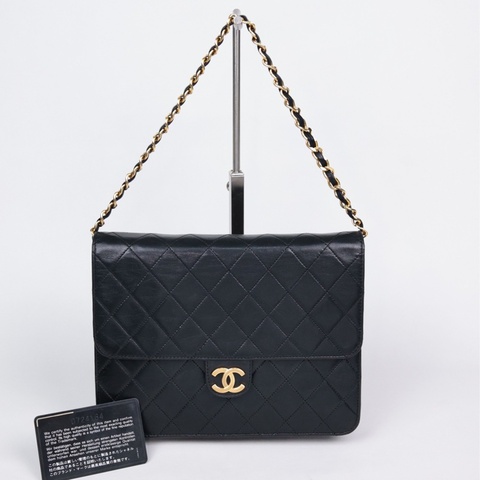 Chanel 0开黑金菱格纹小羊皮皮穿链信封包单肩包