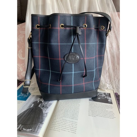 博柏利 burberry 經典Vintage 古董 絕版 中古 藍色 格仔 千鳥格 水桶包Bucket Bag Burberrys 盾牌戰馬皮革皮標