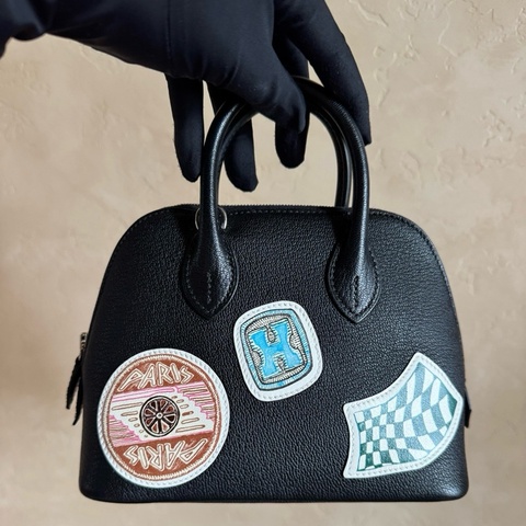 愛馬仕/Hermes bolide mini  徽章款 保齡球包手提包斜挎包 黑銀