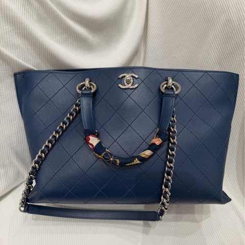 Chanel/香奈兒 藍色菱格紋 托特購物袋 23開
