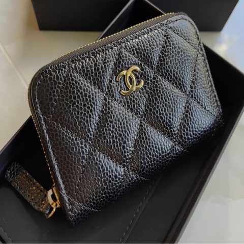 Chanel 香奈兒 經典拉鏈零錢包  晶片款 牛皮黑金