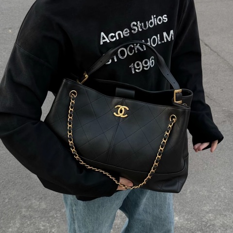 💎Chanel香奈兒｜25A黑金Hobo 牛皮雙C金扣托特包｜99新芯片款