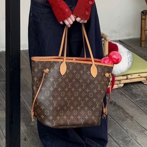 👜LV路易威登｜新款寬肩帶neverfull購物袋｜玫紅色內里｜99新芯片款