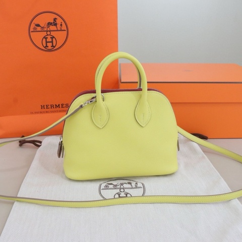 💛Hermes 愛馬仕 保齡球 bolide mini手提包斜挎包evercolor檸檬黃拼愛馬仕紅 銀扣