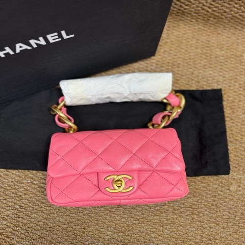 芯片款 Chanel香奈兒 多巴胺色 方胖子珊瑚粉羊皮金扣包