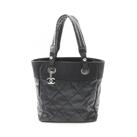 香奈兒 (CHANEL) Paris Biarritz PM 手提包，PVC塗層帆布皮革，黑色，二手，帶五金配件