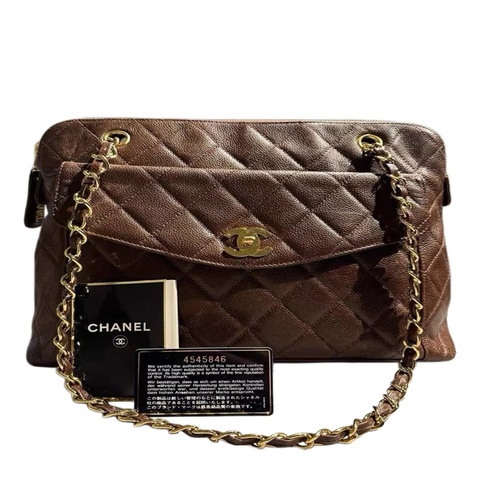 Chanel 魚子醬雙c扣菱格紋鏈條托特包