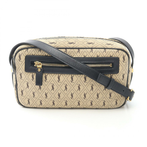 SAINT LAURENT PARIS Monogram 帆布皮革相機肩背包 米色 海軍藍 二手