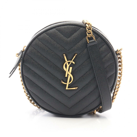 YVES SAINT LAURENT 乙烯基 Monogram 鏈條單肩包，黑色皮革，二手女款