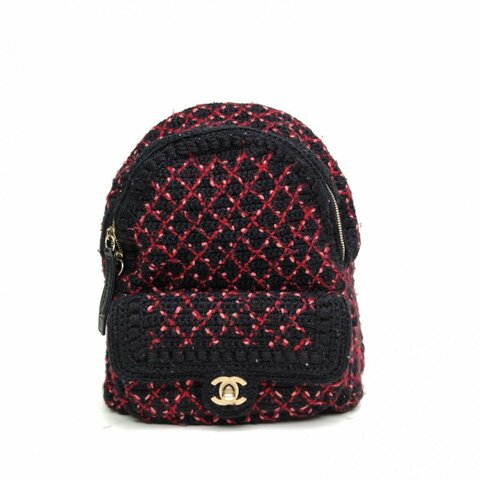 CHANEL 拼色毛呢23開金扣紅黑雙肩肩背包