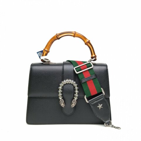 GUCCI 黑色牛皮鑽扣Dionysus竹節手柄全皮酒神肩背包