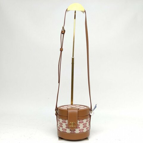 CELINE 棕色牛皮帆布凱旋門老花盒子包斜挎包肩背包