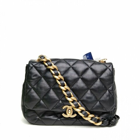 CHANEL 黑色羊皮晶片金扣方胖子黑金鏈條斜挎包肩背包