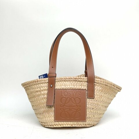 LOEWE 棕色牛皮草編小號棕櫚葉Basket手袋肩背包