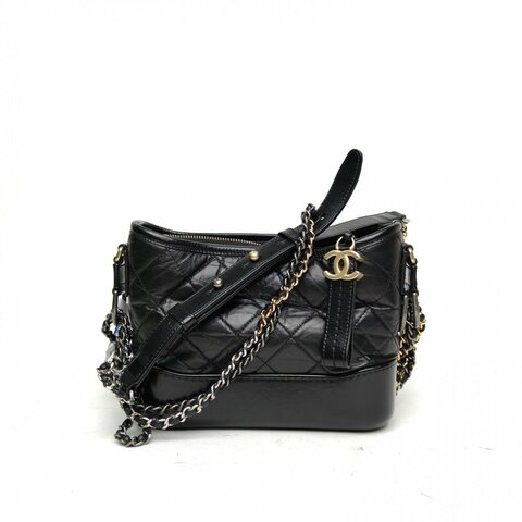 CHANEL GABRIELLE流浪小號黑色牛皮27開金銀扣肩背包