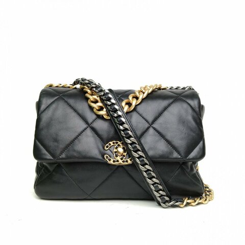 CHANEL 19BAG口蓋包小號黑色羊皮晶片開金銀扣肩背包