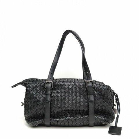 BOTTEGA VENETA 黑色羊皮黑扣編織枕頭包全皮單肩包肩背包